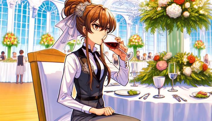 DALL·E 2024-05-31 13.51.25 - A woman with long hair styled in an updo, wearing a white shirt and black vest with a tight-fitting skirt, is sitting in a wedding guest seat, drinkin.jpg