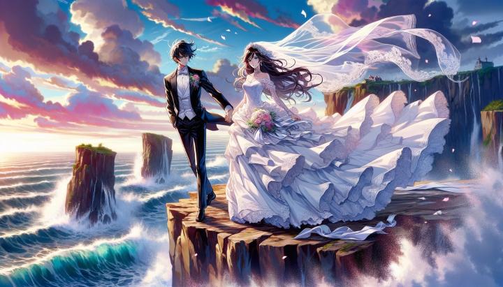DALL·E 2024-05-17 15.40.06 - In a Japanese anime style, depict a bride in a flowing wedding dress and a groom in a sharp tuxedo standing on a cliff with waves crashing against the.jpg