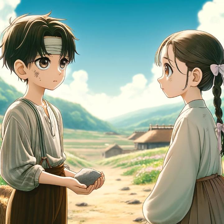 DALL·E 2024-06-04 10.32.05 - A Japanese anime style scene set in 1920s Korea, featuring an 11-year-old boy and a 10-year-old girl standing on a hill, facing each other. The boy, H.jpg