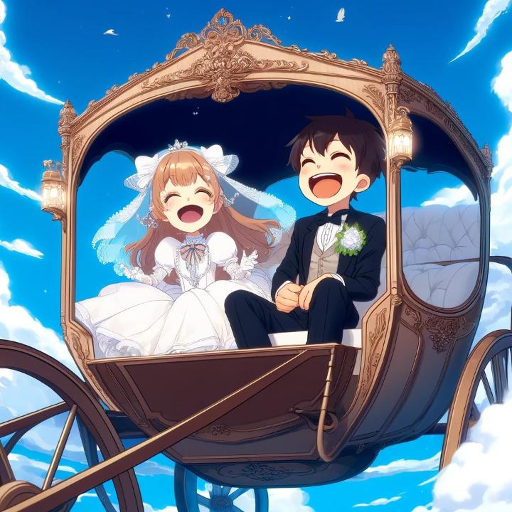 DALL·E 2024-06-05 09.59.54 - A whimsical scene in the style of Japanese anime, featuring a carriage flying through the sky. Inside the carriage, an 11-year-old girl wearing a wedd.jpg