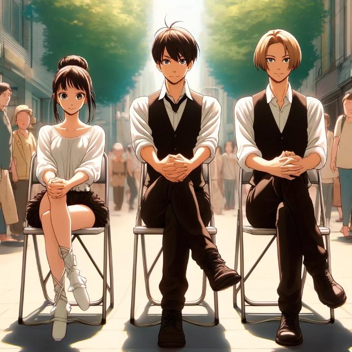 DALL·E 2024-06-10 22.46.29 - Three characters sitting on three chairs placed in a row on a sidewalk. The characters are drawn in a Japanese animation style. The first character, a.jpg