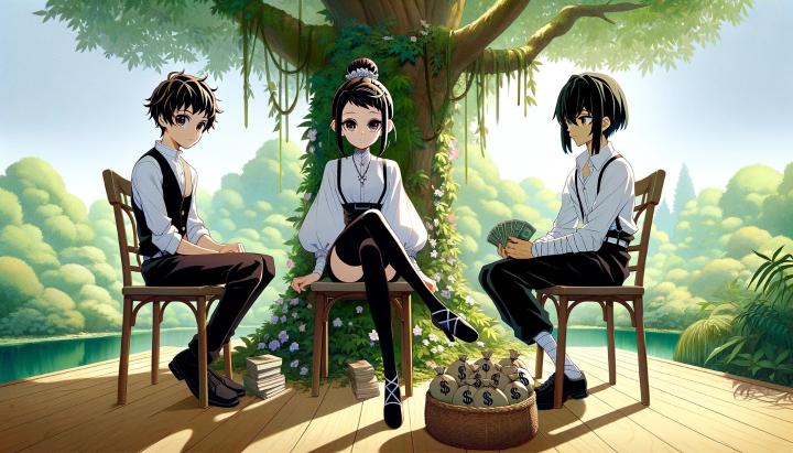 DALL·E 2024-06-10 23.05.55 - A Japanese animation style scene showing three characters sitting on chairs placed under a large tree in a forest. The first character, Kichan, is on .jpg