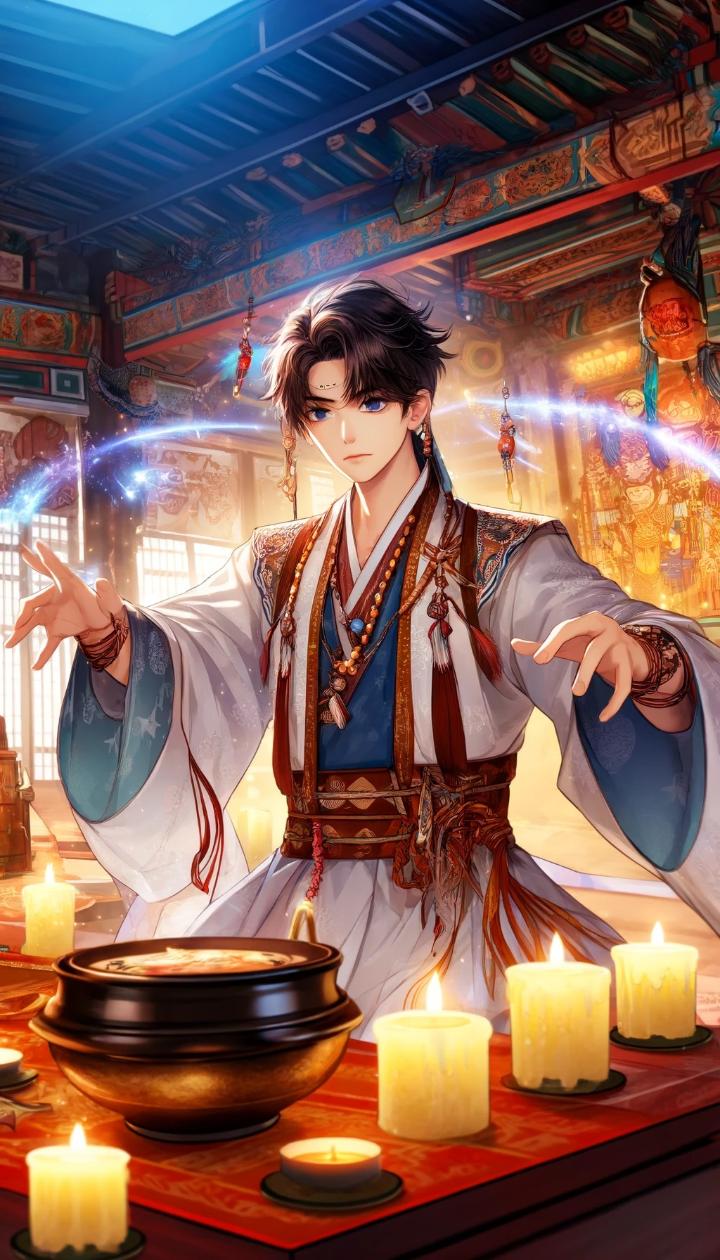 DALL·E 2024-06-12 16.20.37 - A handsome young shaman in his twenties performing a ritual, drawn in Japanese anime style. He is wearing traditional Korean shamanistic clothing, wit.jpg