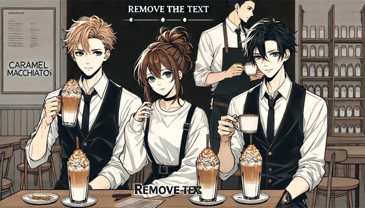 DALL·E 2024-06-14 22.45.08 - An anime-style illustration of three people sitting at a table in a coffee shop with a black background, enjoying caramel macchiatos. The woman has a .jpg