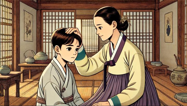 DALL·E 2024-06-18 17.09.00 - An animation-style scene set in a 1920s Korean household. A mother in her 30s is placing her hand on her teenage son's forehead, looking worried. The .jpg