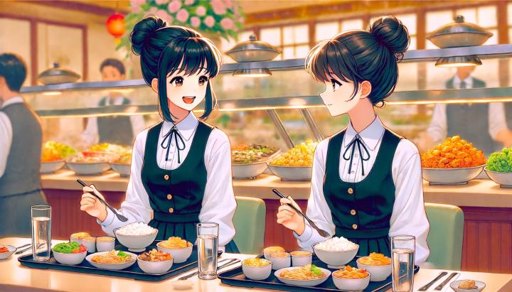 DALL·E 2024-06-18 17.15.26 - An anime-style scene set in a buffet restaurant featuring two young women in their 20s sitting at a table facing each other. Both are wearing identica.jpg
