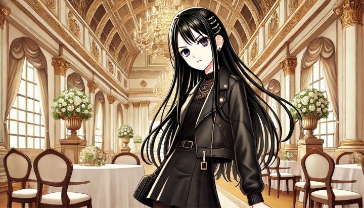 DALL·E 2024-06-20 00.10.50 - A Japanese anime-style illustration of a woman in her 30s with jet-black long straight hair. She is wearing a black mini skirt and a leather jacket, l.jpg