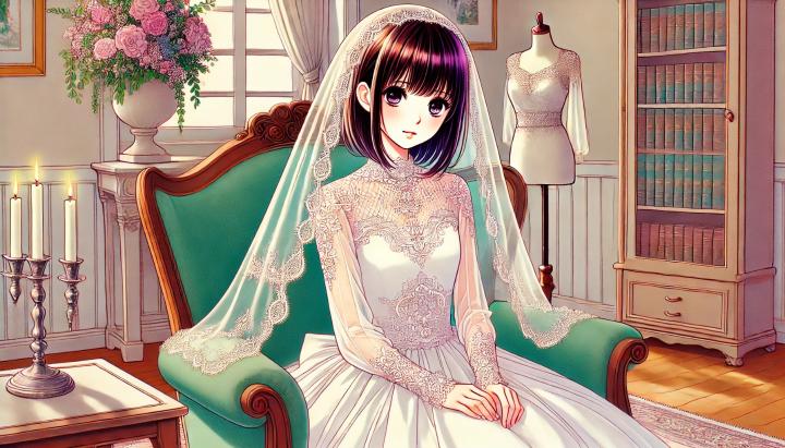 DALL·E 2024-06-20 00.19.30 - A colorful Japanese anime-style illustration of a bride sitting in a bridal waiting room. She is wearing a modest wedding dress with a high neckline, .jpg