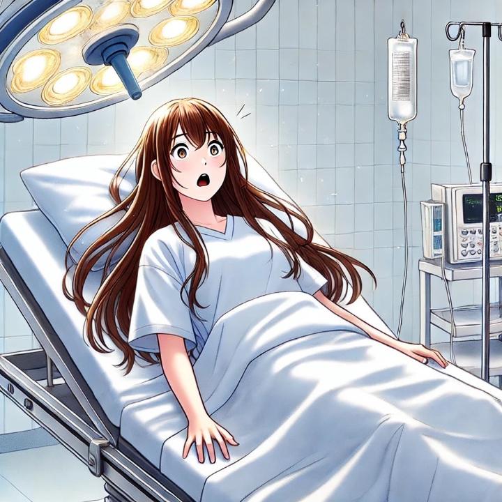 DALL·E 2024-06-21 17.41.51 - A 20-year-old woman with long straight hair waking up in shock on an operating table. The operating room walls are white, and she is wearing a typical.jpg