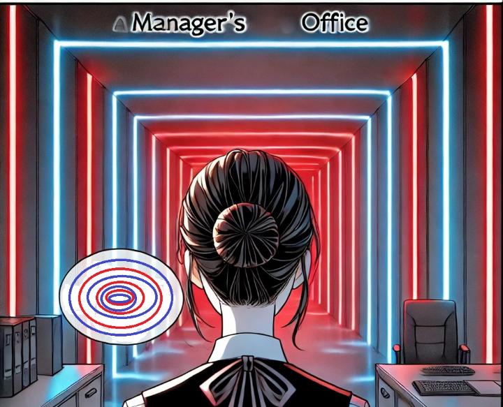 DALL·E 2024-06-21 17.45.48 - A scene in anime style where Sang-hee, a young woman with her hair neatly tied back in an updo, is nervously entering a secret room within a manager's.jpg