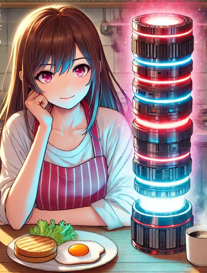 DALL·E 2024-06-22 14.30.22 - A woman in her 20s with long straight hair, wearing an apron, sitting at a kitchen table. On the table, there is a long cylinder with a red and blue g.jpg