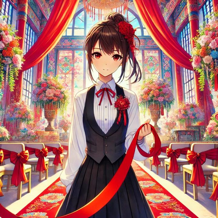 DALL·E 2024-06-25 18.24.32 - Inside the vibrant wedding hall with red ribbons and floral decorations, a woman in her 20s with neatly tied-up hair, wearing a white shirt, black ves.jpg