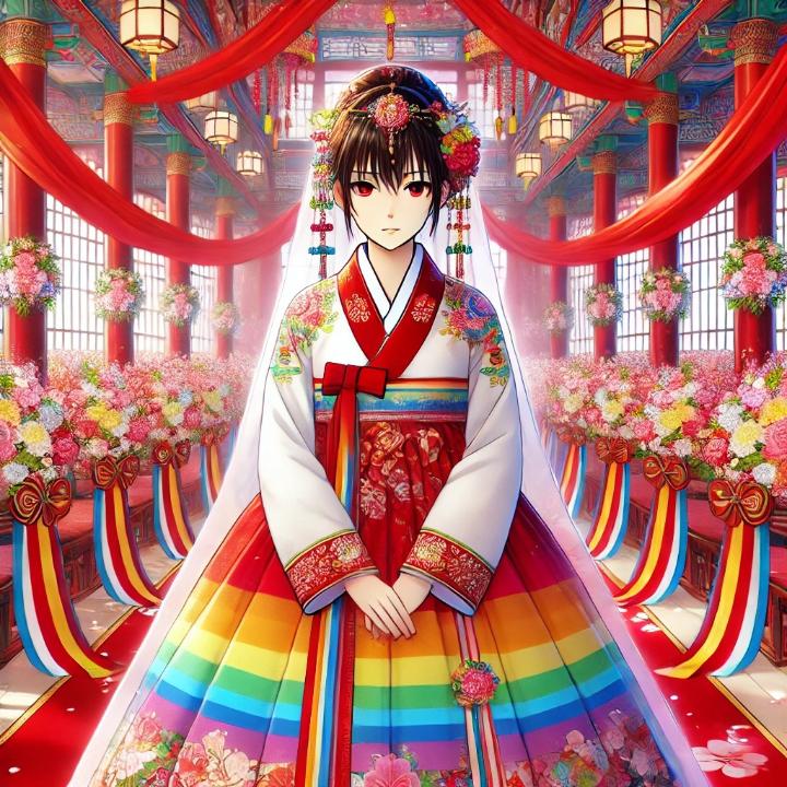 DALL·E 2024-06-25 17.36.45 - Inside the vibrant wedding hall with red ribbons and floral decorations, a bride stands wearing a colorful hanbok with a rainbow-striped jeogori and a.jpg