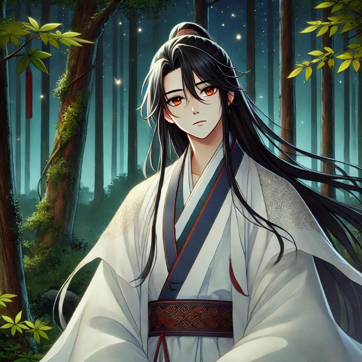 DALL·E 2024-06-26 13.08.39 - In a dark forest, a young man with long black hair wearing a white traditional Korean hanbok stands. The scene is depicted in Japanese anime style wit.jpg