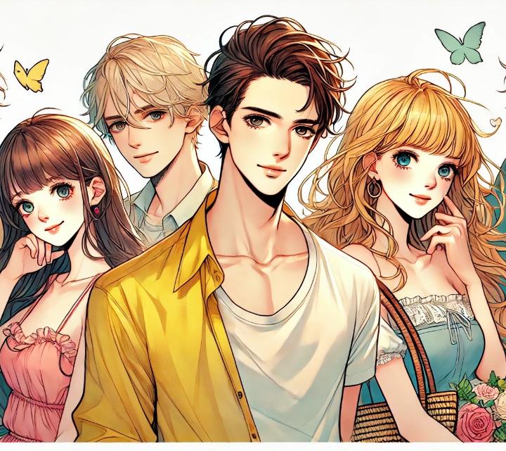 DALL·E 2024-06-28 13.54.56 - A group of four young adults, drawn in a shojo manga style, with no background. The first is a young man in his 20s wearing a yellow silk shirt. The s.jpg