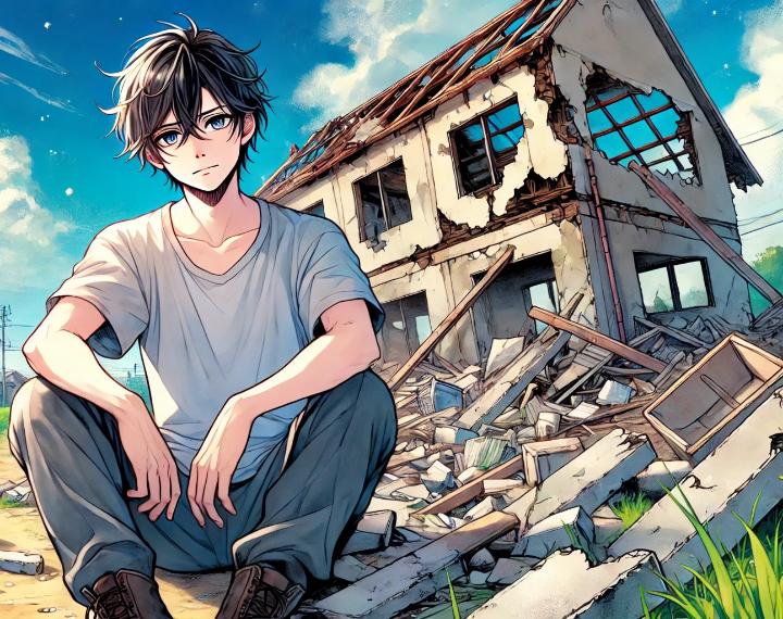 DALL·E 2024-06-28 09.19.27 - A shojo anime style illustration of a homeless man sitting among the ruins of a dilapidated building. The man is wearing a plain t-shirt and pants. Th.jpg