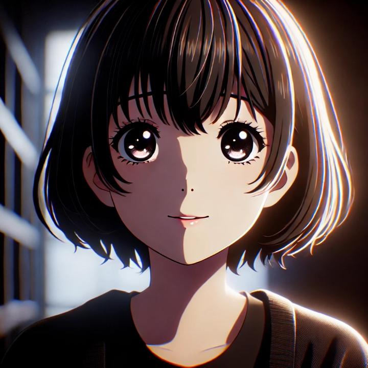 DALL·E 2024-08-09 13.43.56 - In a dark room, a 20-year-old woman with short black hair and wearing black clothing is depicted in a Japanese anime style. She has wide, round eyes f.jpg