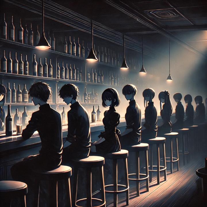 DALL·E 2024-08-09 13.00.59 - A dark, dimly lit bar with a long counter extending into the distance. The bar is in a Japanese anime style. All the people at the bar are dressed in .jpg