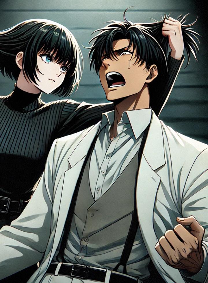 DALL·E 2024-08-09 16.10.52 - In a Japanese anime style, a scene shows a fierce fight between a young woman with short black hair and a handsome man in a white suit. The woman, dre.jpg