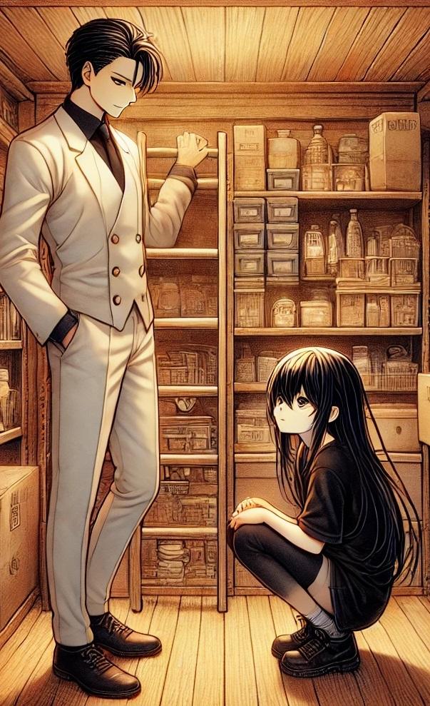 DALL·E 2024-08-14 20.03.39 - A small, dimly lit storage room depicted in a beautifully detailed Japanese anime style. The room is filled with various boxes, shelves, and clutter, .jpg